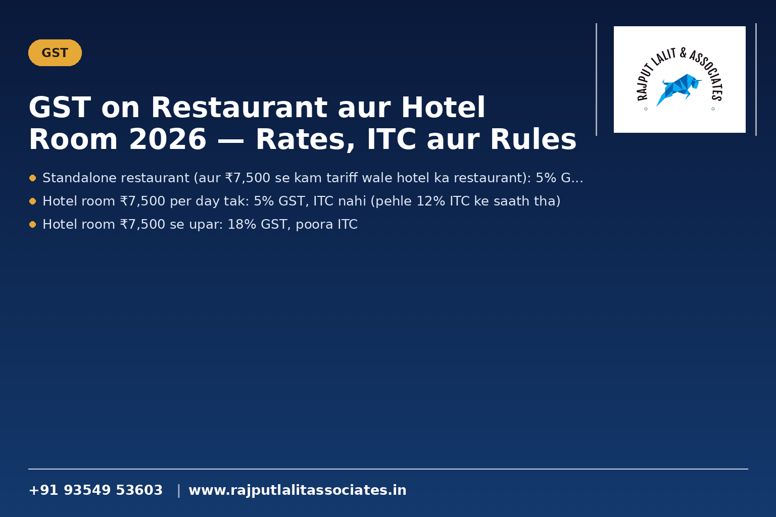 GST on Restaurant aur Hotel Room 2026 — Rates, ITC aur Rules