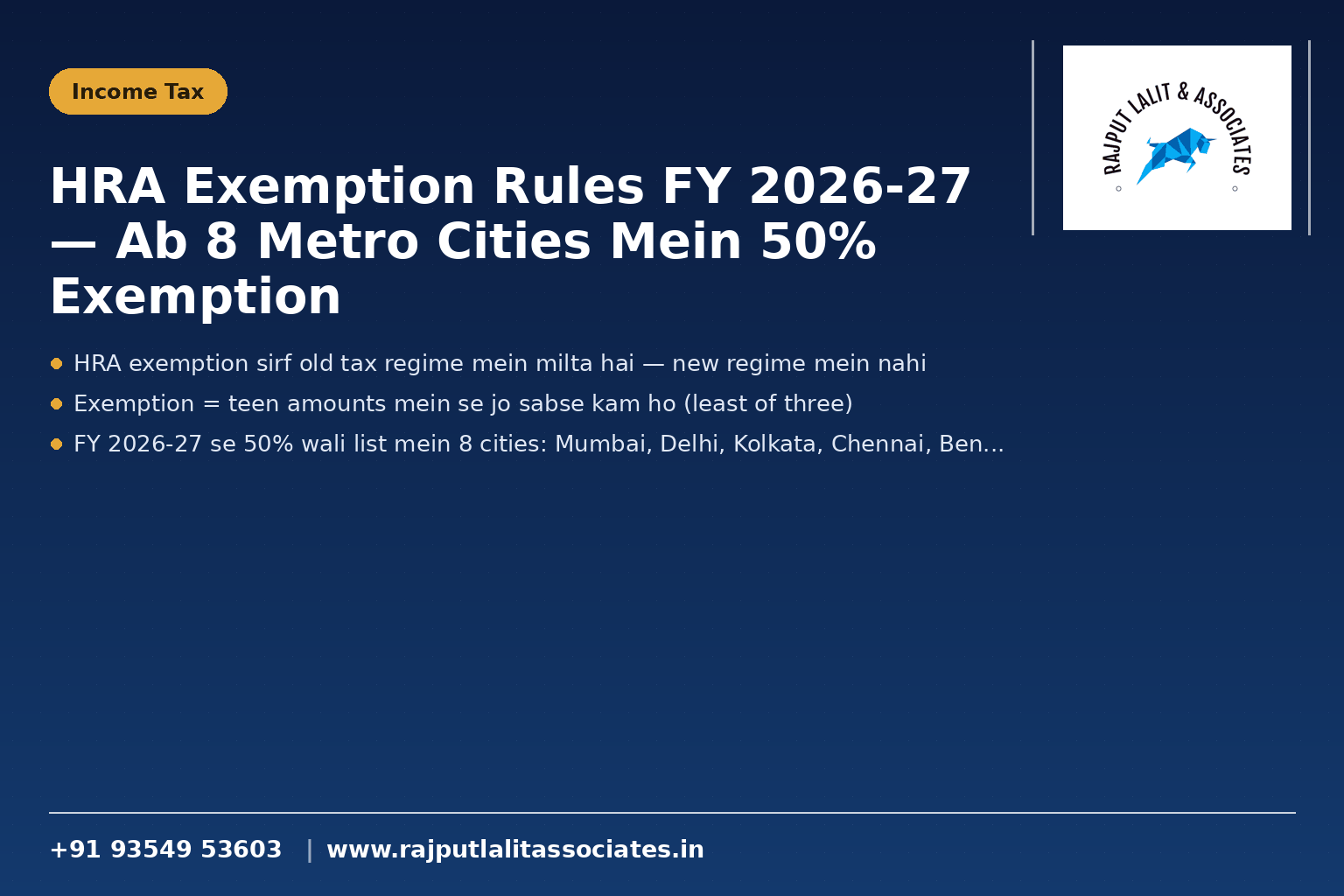 HRA Exemption Rules FY 2026-27 — Ab 8 Metro Cities Mein 50% Exemption